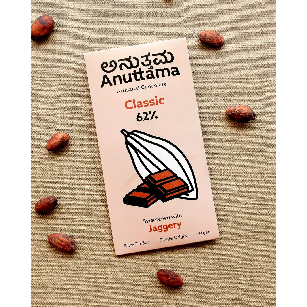 Anuttama dark chocolate 62% cocoa sweetened with jaggery – vegan handmade natural chocolate bar