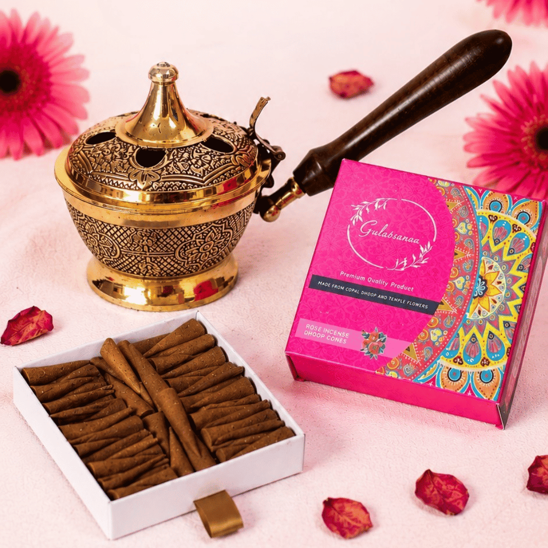 Gulessence Rose Dhoop Cones and Brass Dhooni Combo