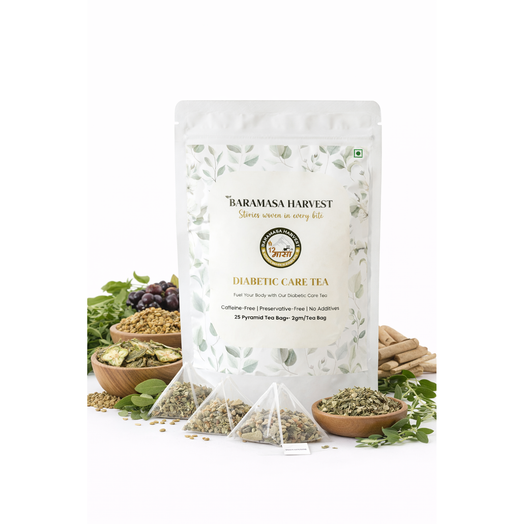 Baramasa Harvest Diabetic Care Tea pouch with pyramid tea bags and herbs