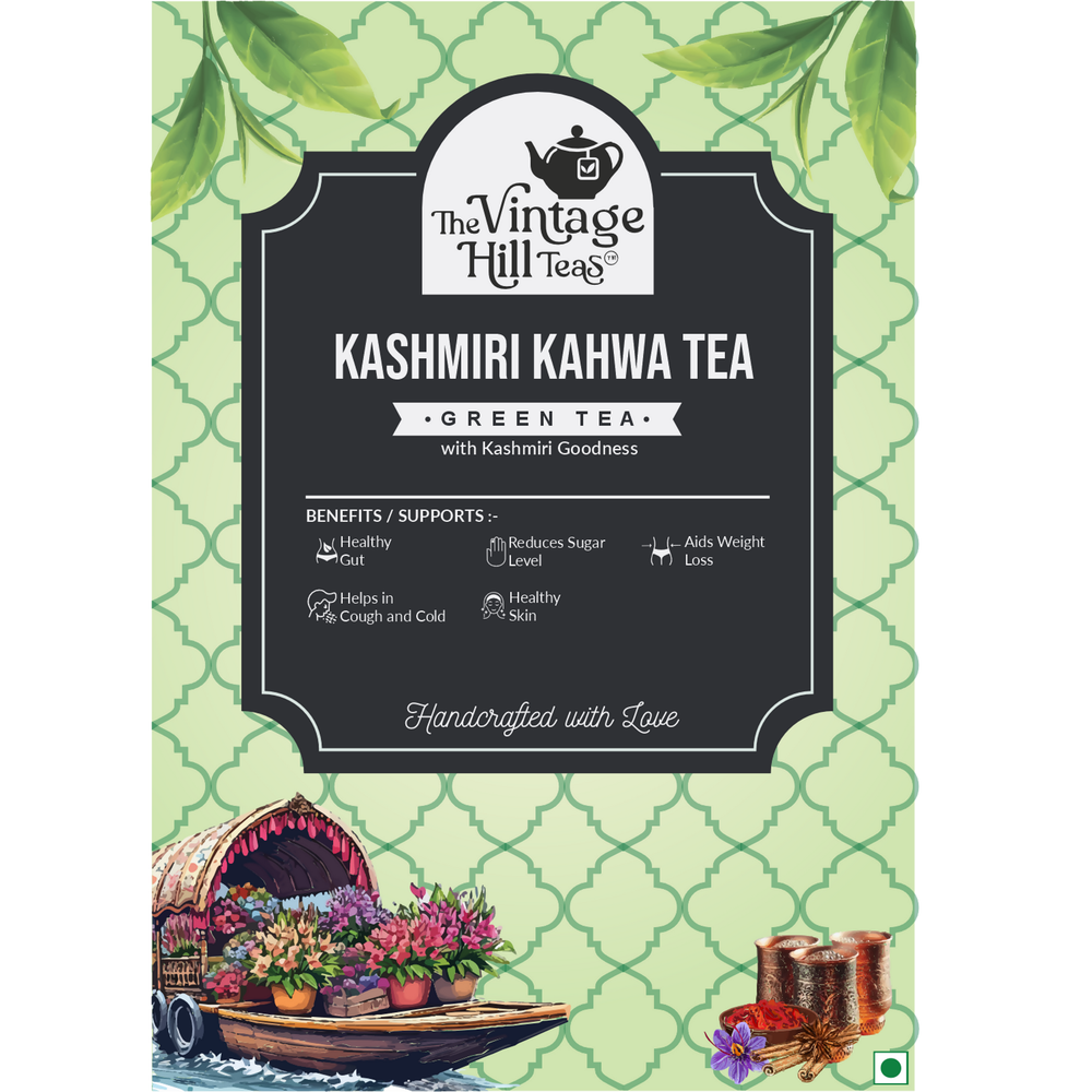 Kashmiri Kahwa tea leaves with saffron and almond close up