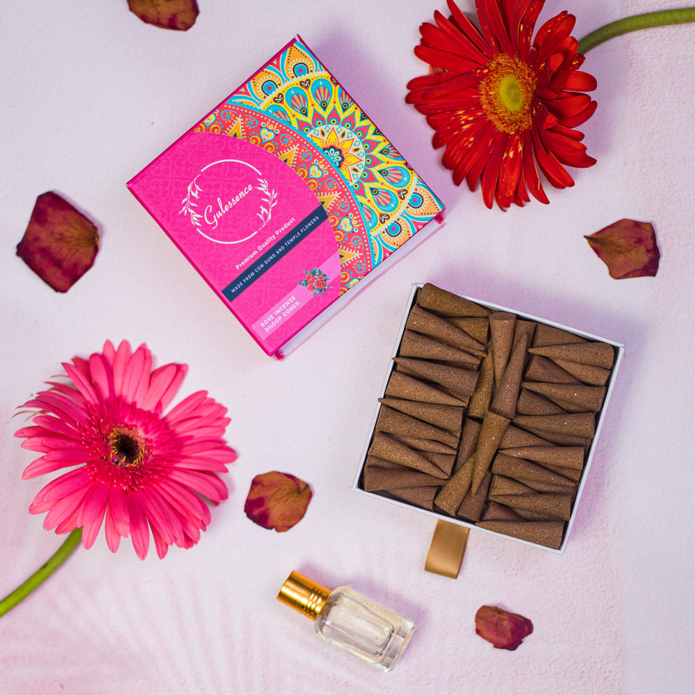 Rose & Jasmine Dhoop cones - Made from Cowdung & Temple Flowers | Combo Boxes | Gulessence - Gulessence