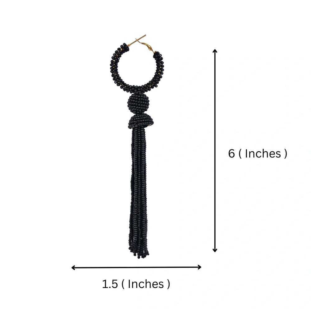 Elegant Black Beaded Hoop Earrings with Tassel Detail - EarthBased
