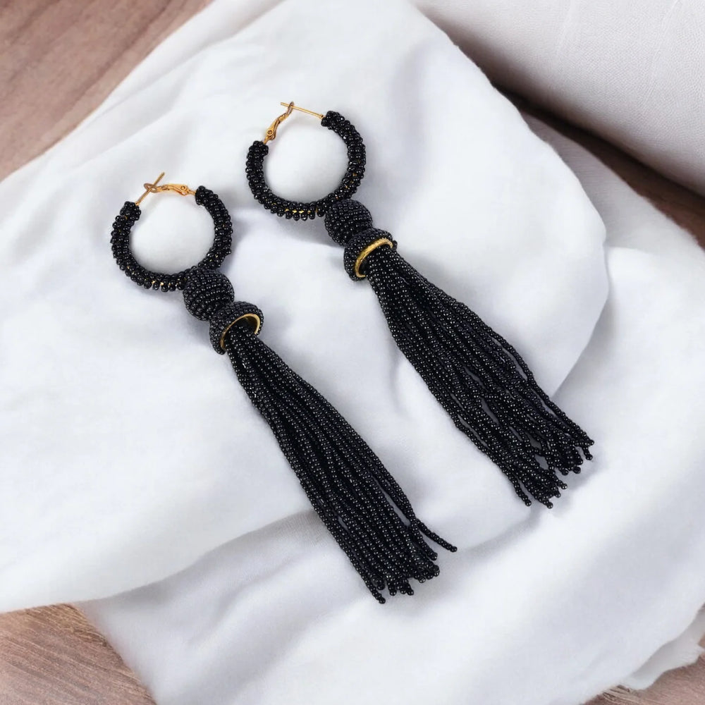 Elegant Black Beaded Hoop Earrings with Tassel Detail - EarthBased