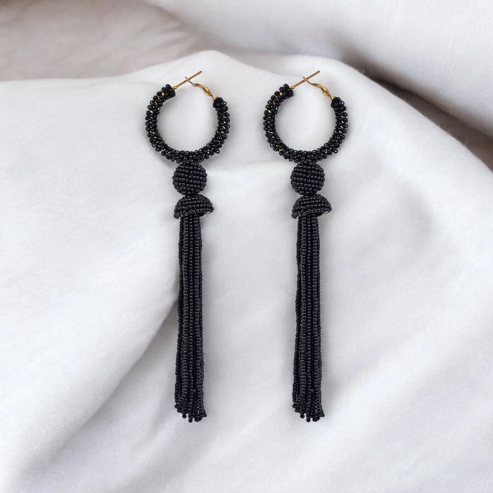 Elegant Black Beaded Hoop Earrings with Tassel Detail - EarthBased