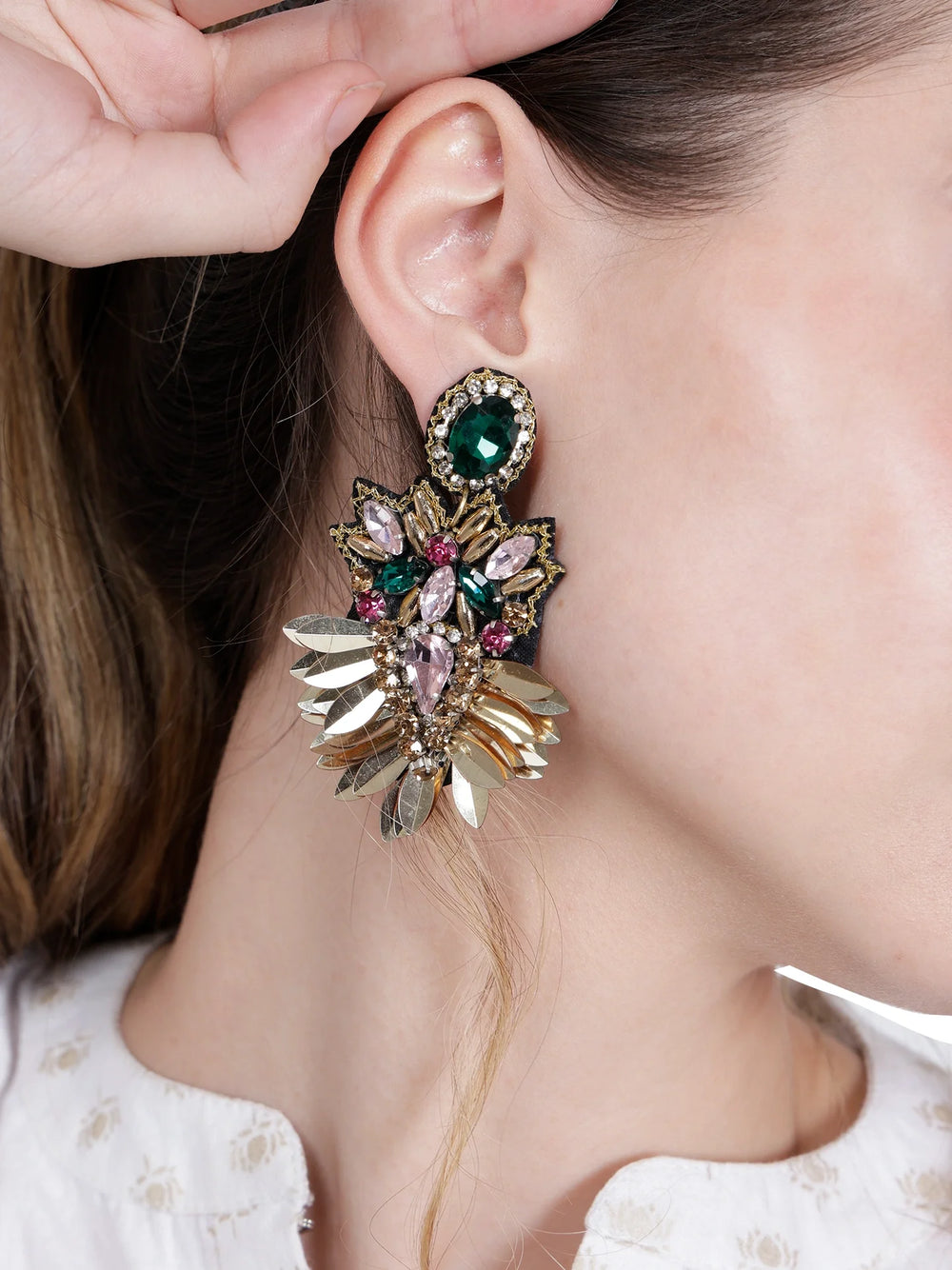 Elegant Gold-Tone Earrings with Crystals and Gems design | elegant and eye-catching - EarthBased