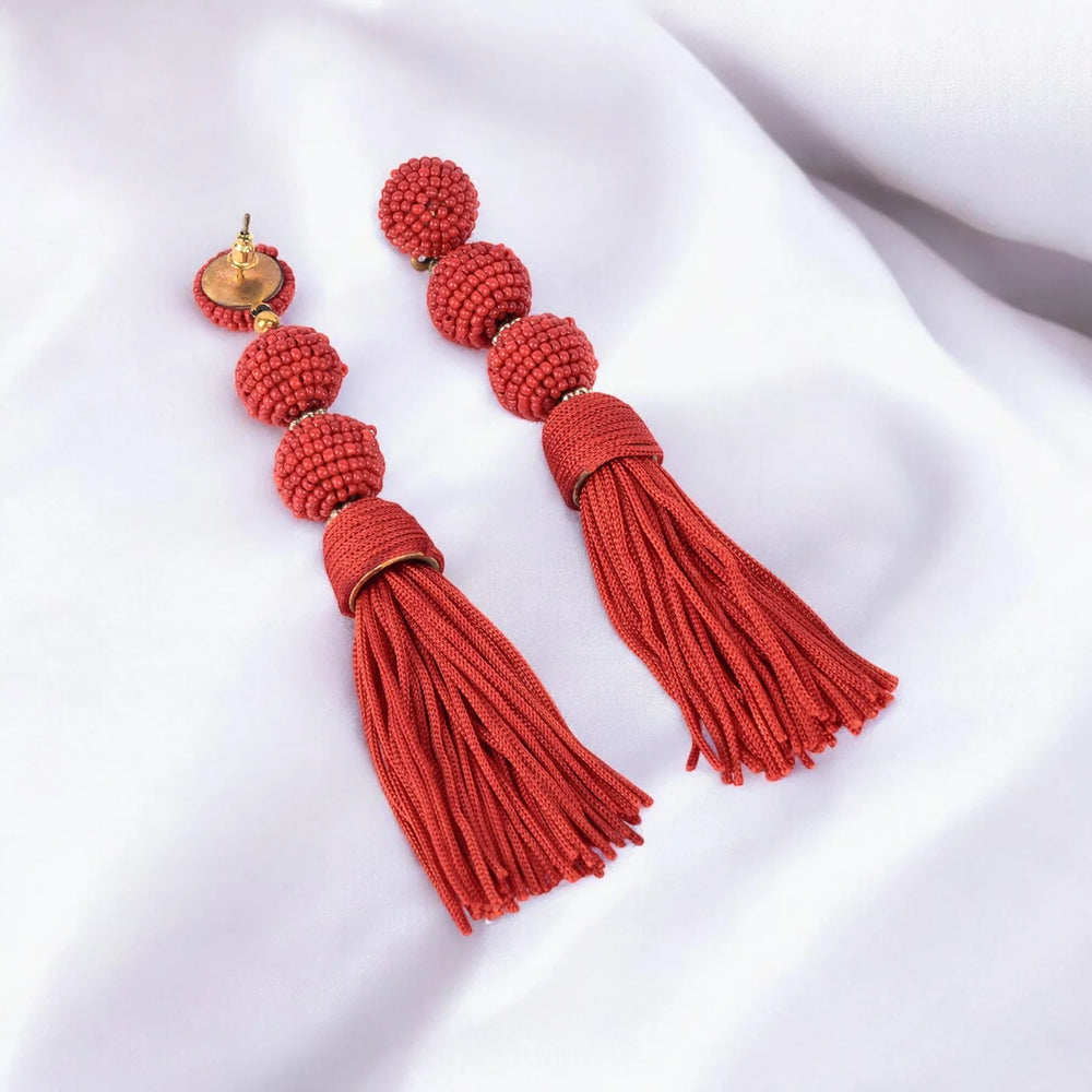 Elegant Red Beaded Tassel Earrings - Statement Jewellery - EarthBased