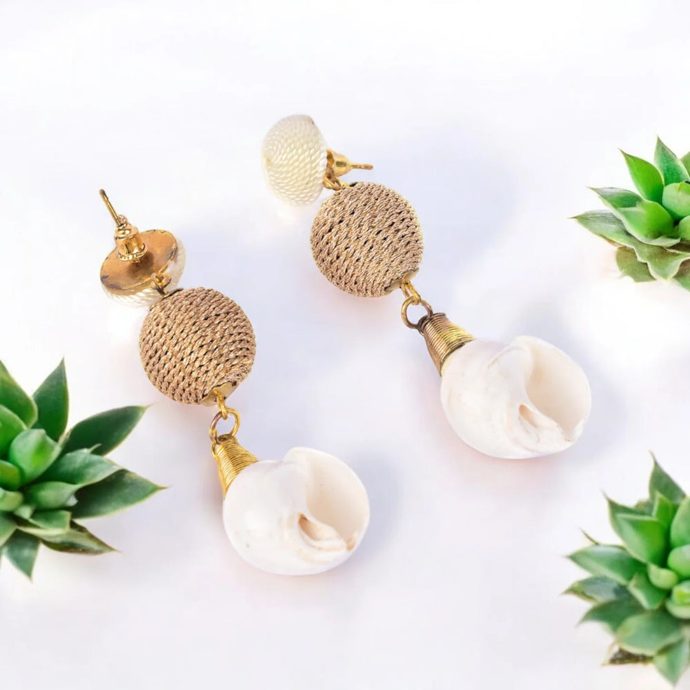 Elegant Shell Drop Earrings with Twisted Gold Bead Accents – Coastal Chic Jewellery - EarthBased