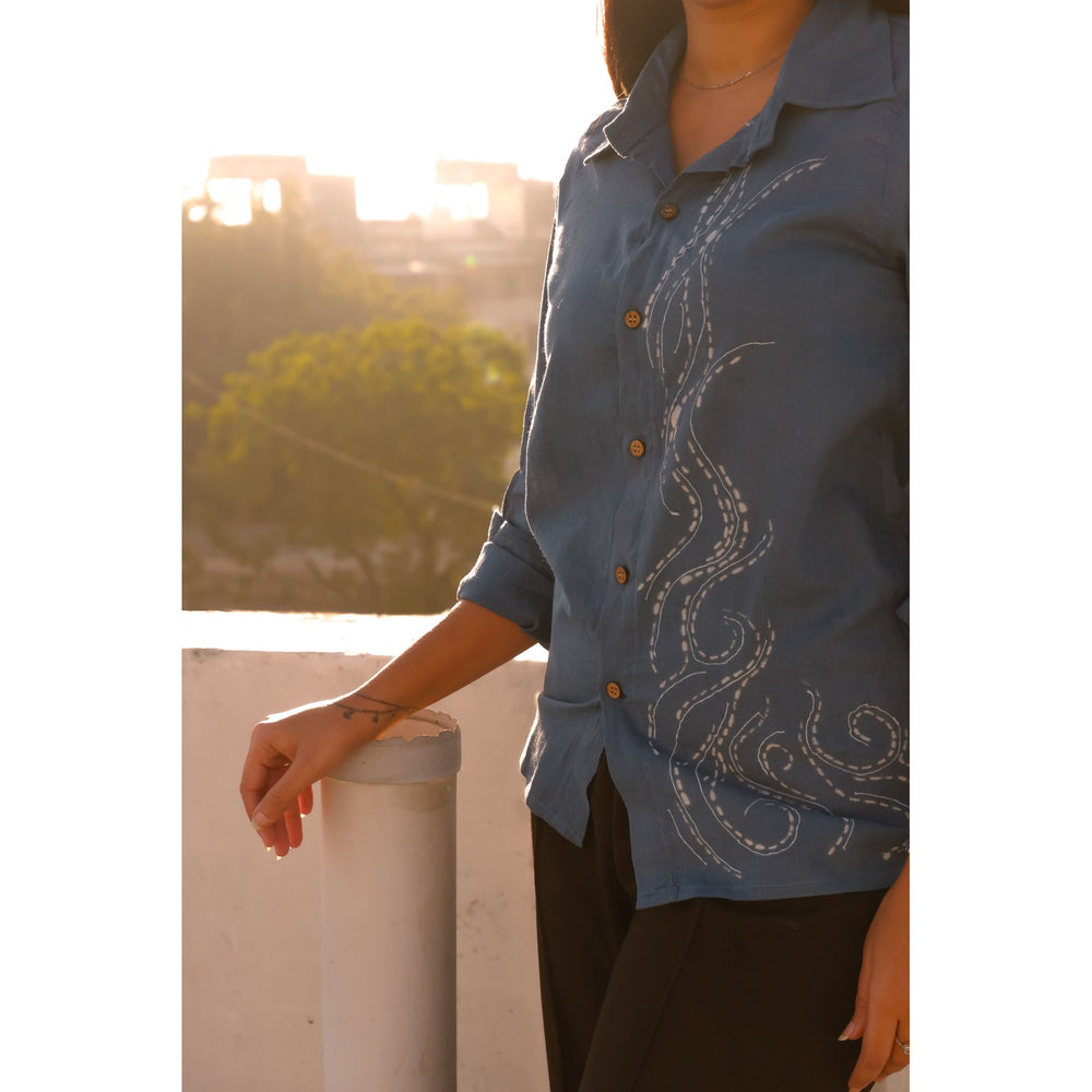 Blue pure cotton shirt with hand painted details for women