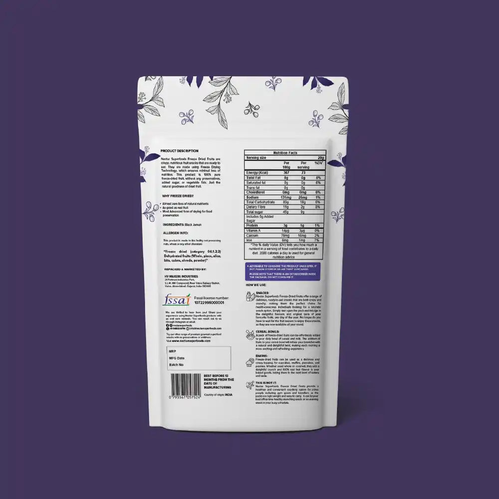 NECTAR SUPER FOODS- FREEZE DRIED BLACK JAMUN- PACK OF 2 UNITS 20 GM EACH - EarthBased