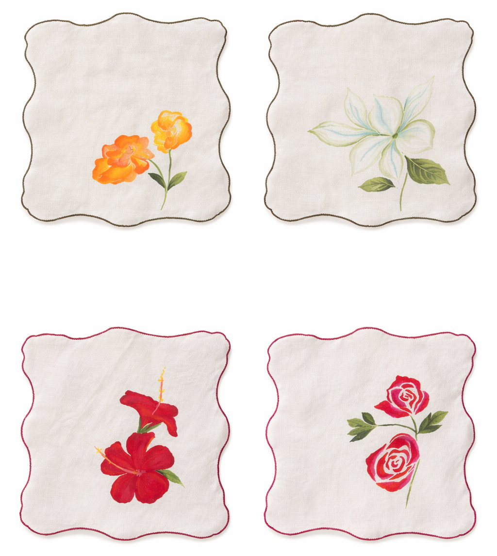 Set of cotton cloth napkins with hand painted floral motifs including hibiscus, rose and botanical flowers, decorative reusable napkins for dining table settings.
