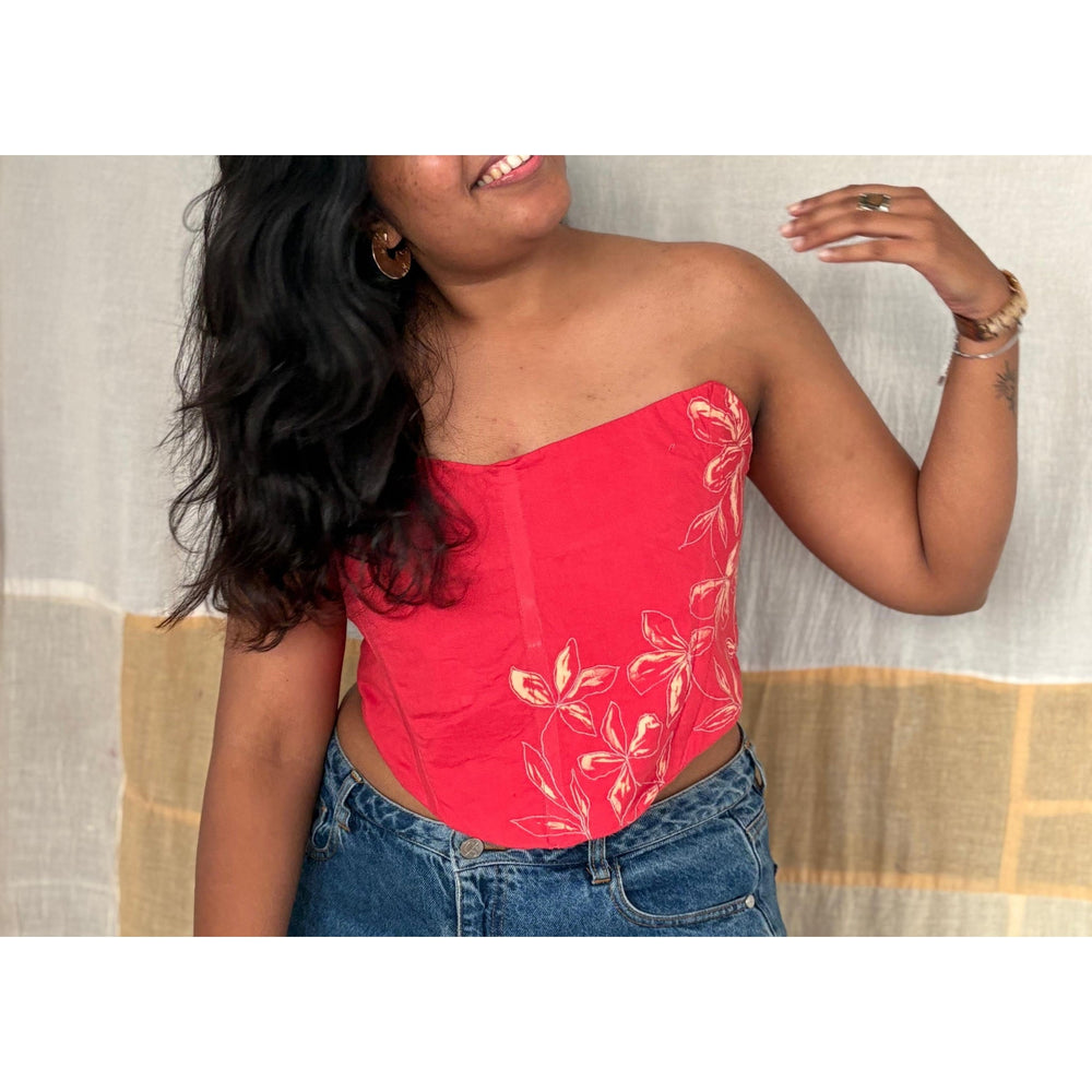 Cherry red floral embroidered corset top with strapless design, inclusive corset blouse suitable for both regular and plus size styling.