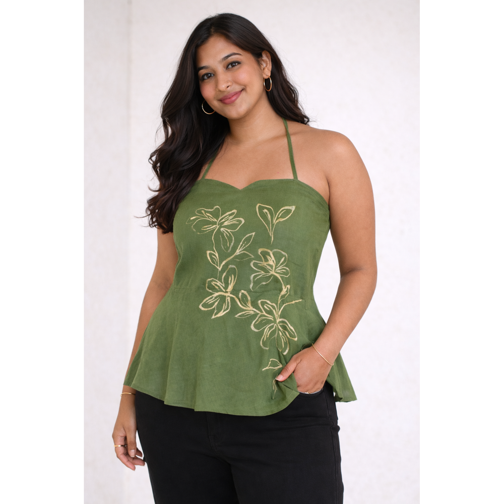 Floral halter summer top in olive green by JOD, regular and plus sizes