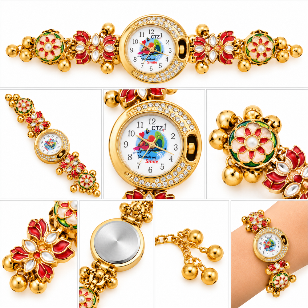 Kashmiri Meenakari Lotus Bracelet Watch – collage