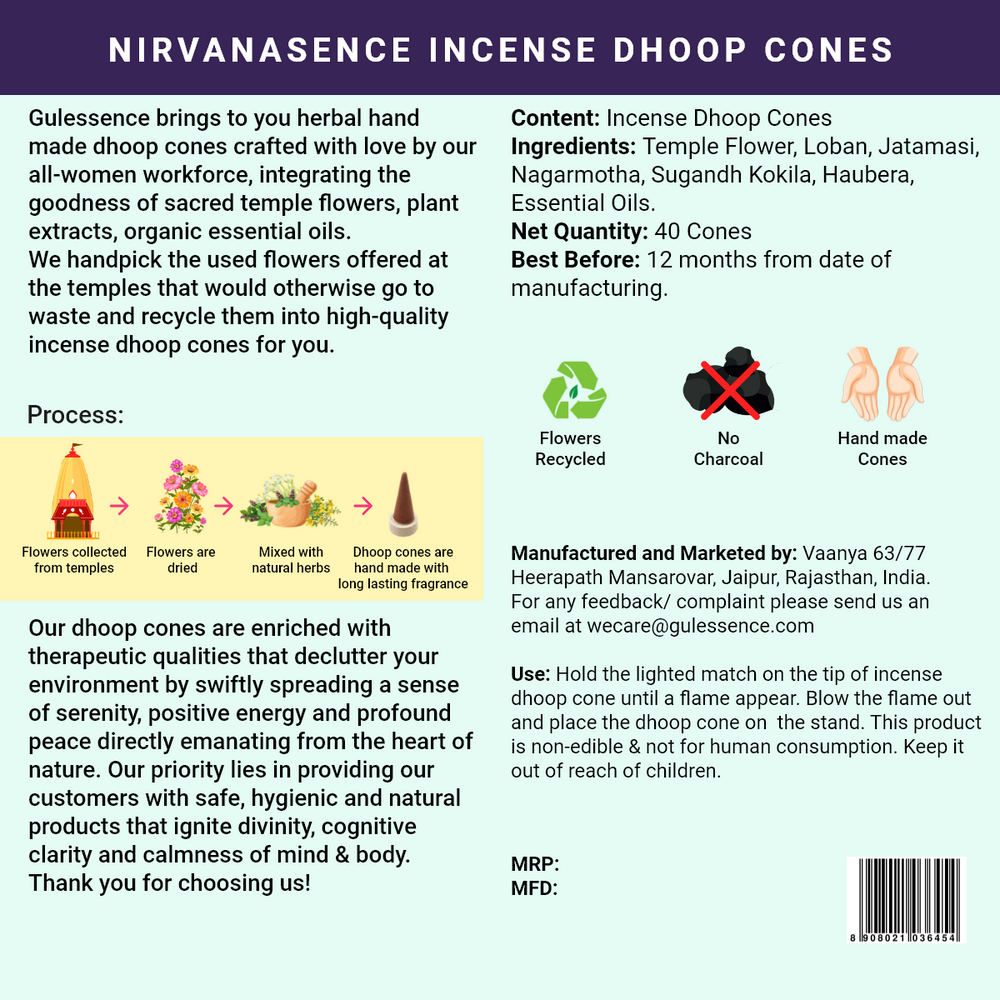 Nirvanasence Dhoop Cones | Made from Temple Flower | Gulessence - Gulessence