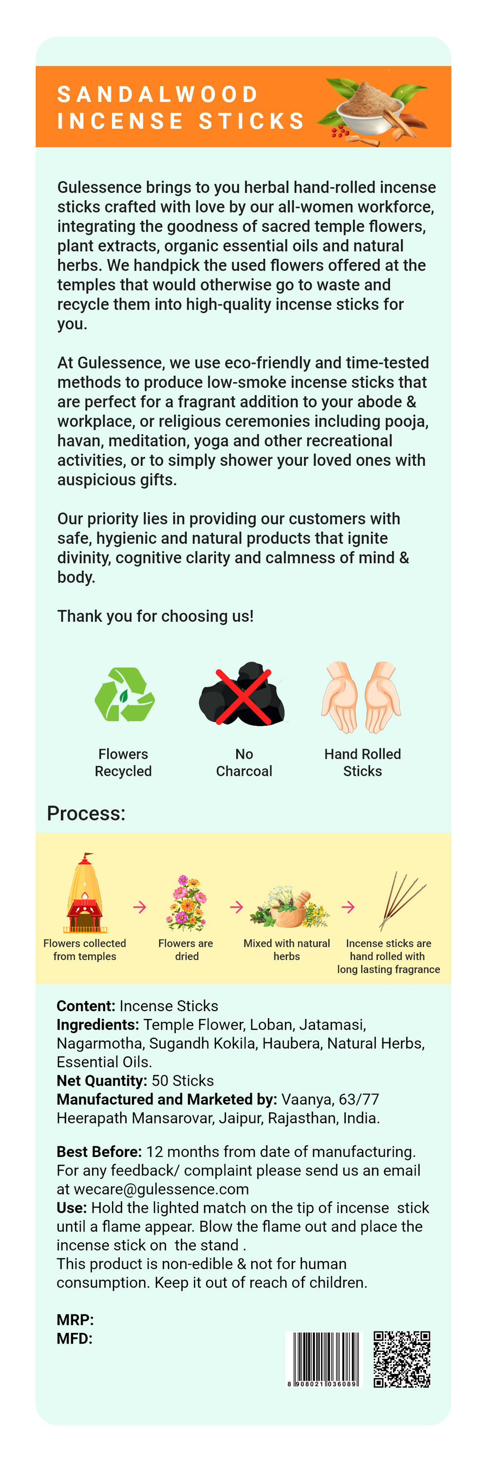 Sandalwood Incense Sticks | Made from Temple Flower | Gulessence - Gulessence