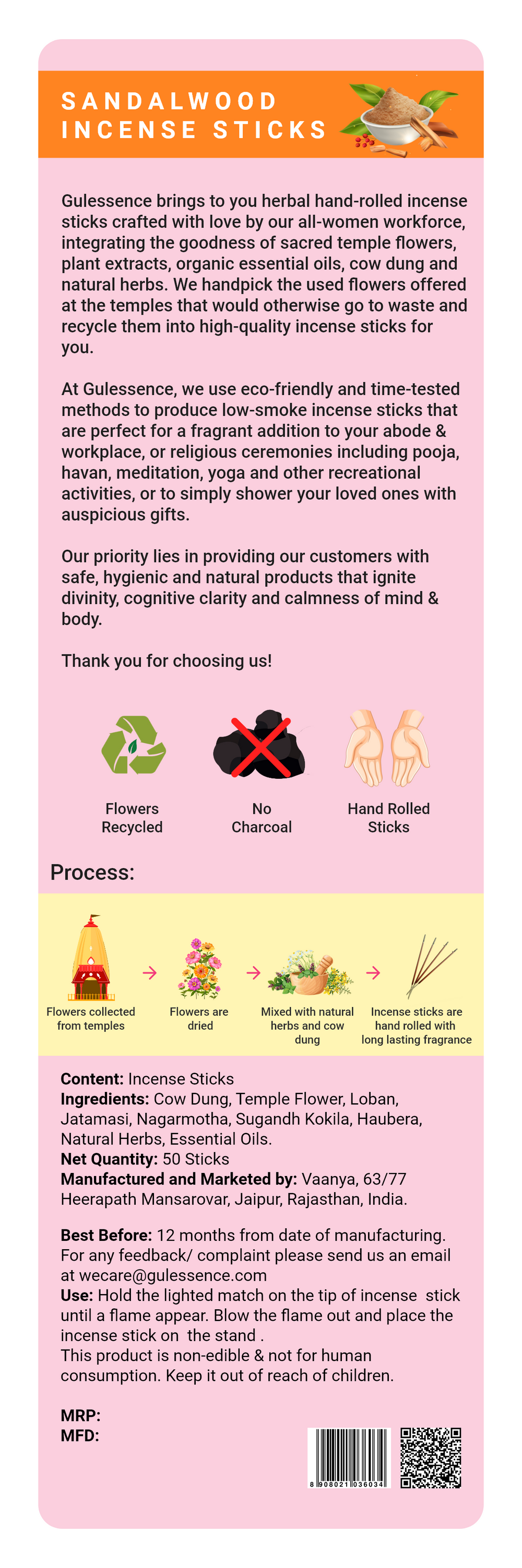 Sandalwood Incense Sticks | Made from Cow dung & Temple Flower | Gulessence - Gulessence