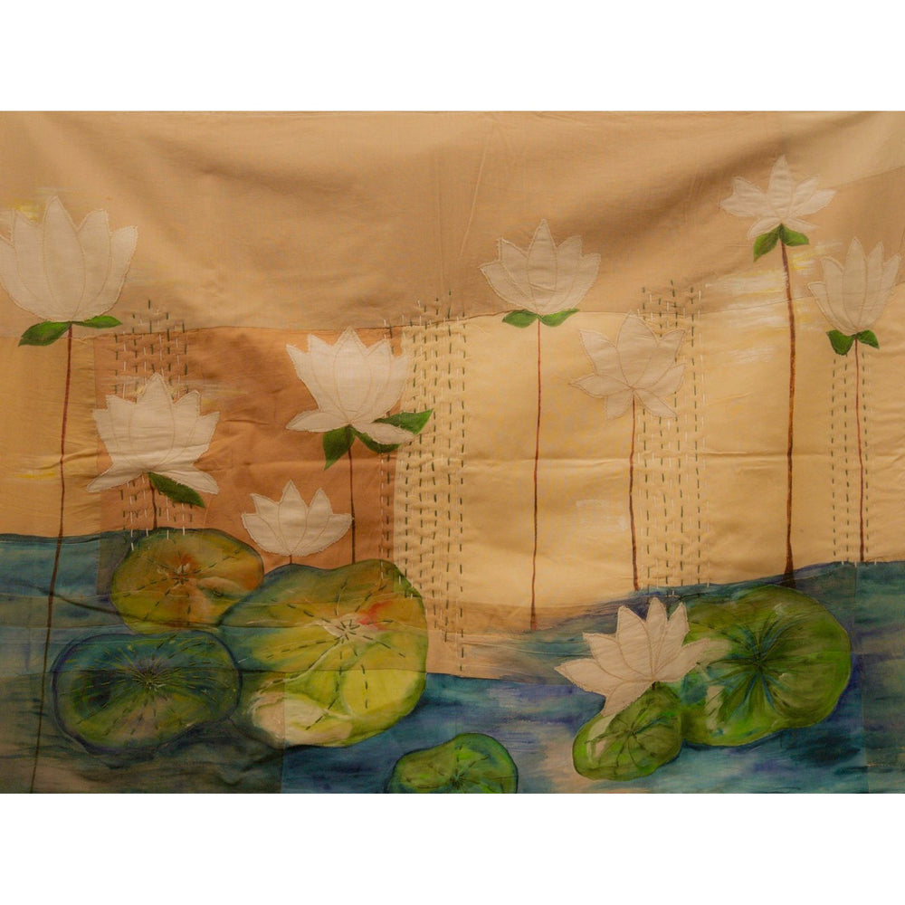 Hand-painted lotus pond textile wall art with kantha embroidery by JOD