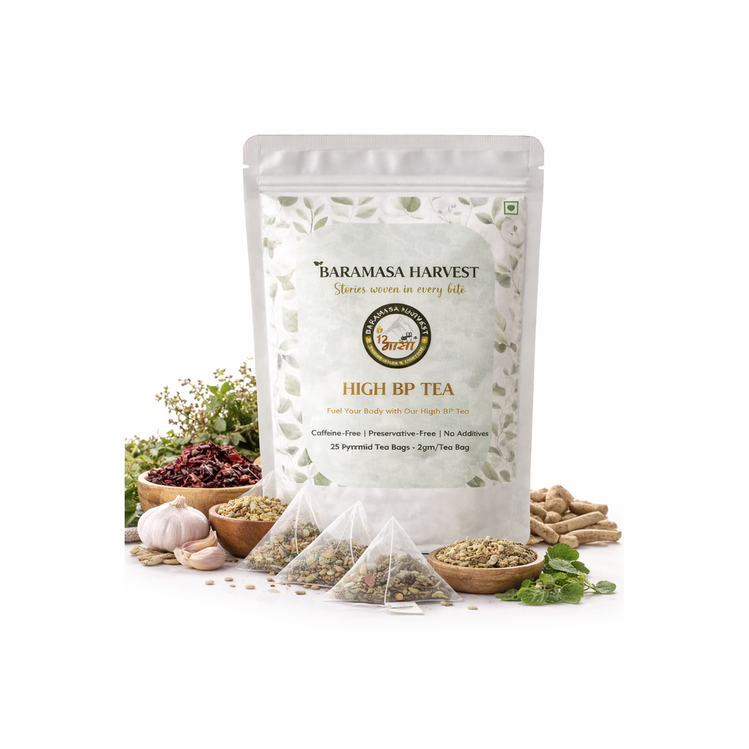 Baramasa Harvest High BP Tea pouch with pyramid tea bags and herbs