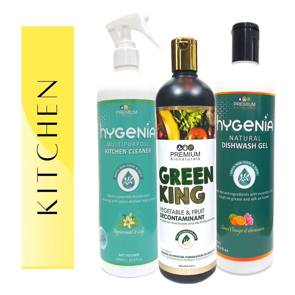 Hygenia Ultimate Kitchen Combo - Multipurpose Kitchen Cleaner, Natural Dishwash Gel & Green King 500ml - Peppermint & Lily | Sweet Orange & Geranium - EarthBased