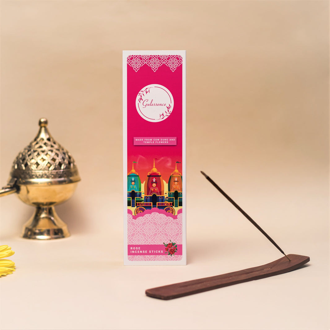 Rose Incense Sticks With Free Incense Holder| Made from Cowdung & Temple Flowers | Gulessence - EarthBased
