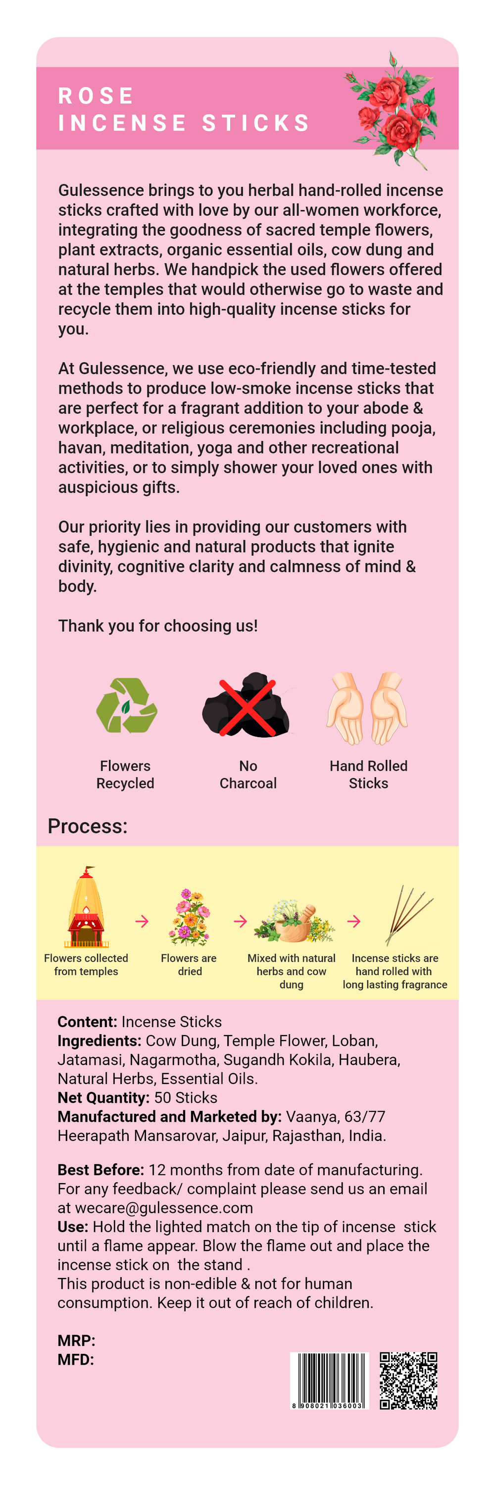 Rose Incense Sticks With Free Incense Holder| Made from Cowdung & Temple Flowers | Gulessence - EarthBased