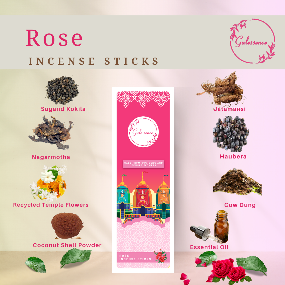 Rose Incense Sticks With Free Incense Holder| Made from Cowdung & Temple Flowers | Gulessence - EarthBased