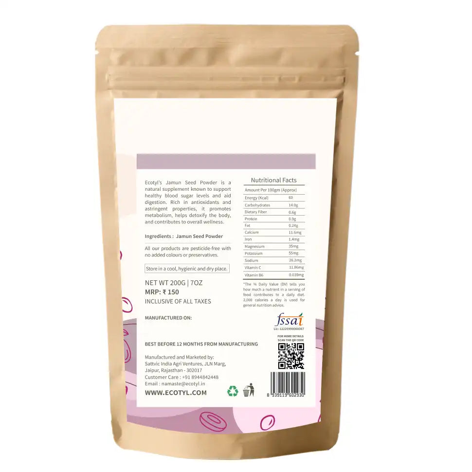 Ecotyl Jamun Seed Powder | Blood Sugar Control | Rich in Antioxidants | 200g - EarthBased