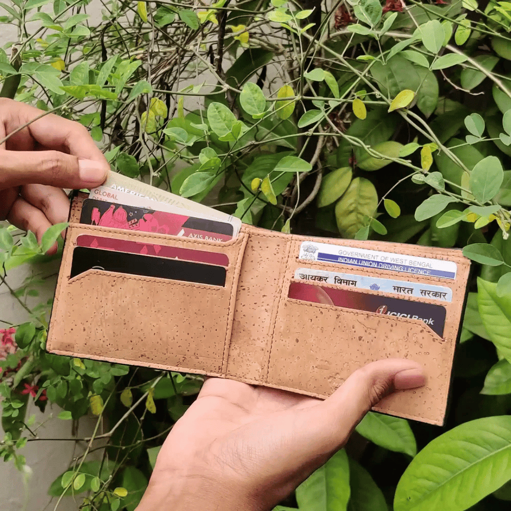 Olive green cork bifold wallet – Kakapo by Clan Earth, vegan cork leather
