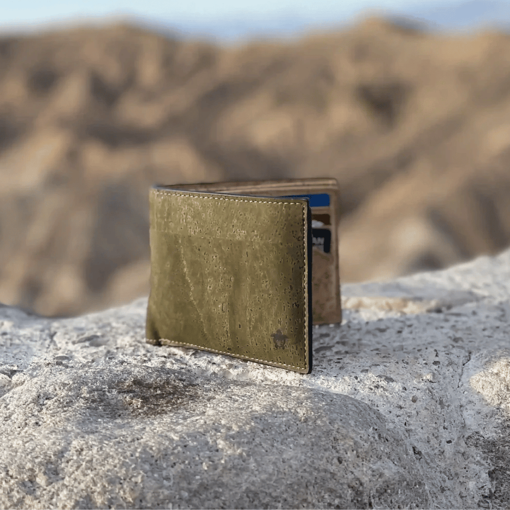 Kakapo olive green cork wallet – sustainable bifold by Clan Earth