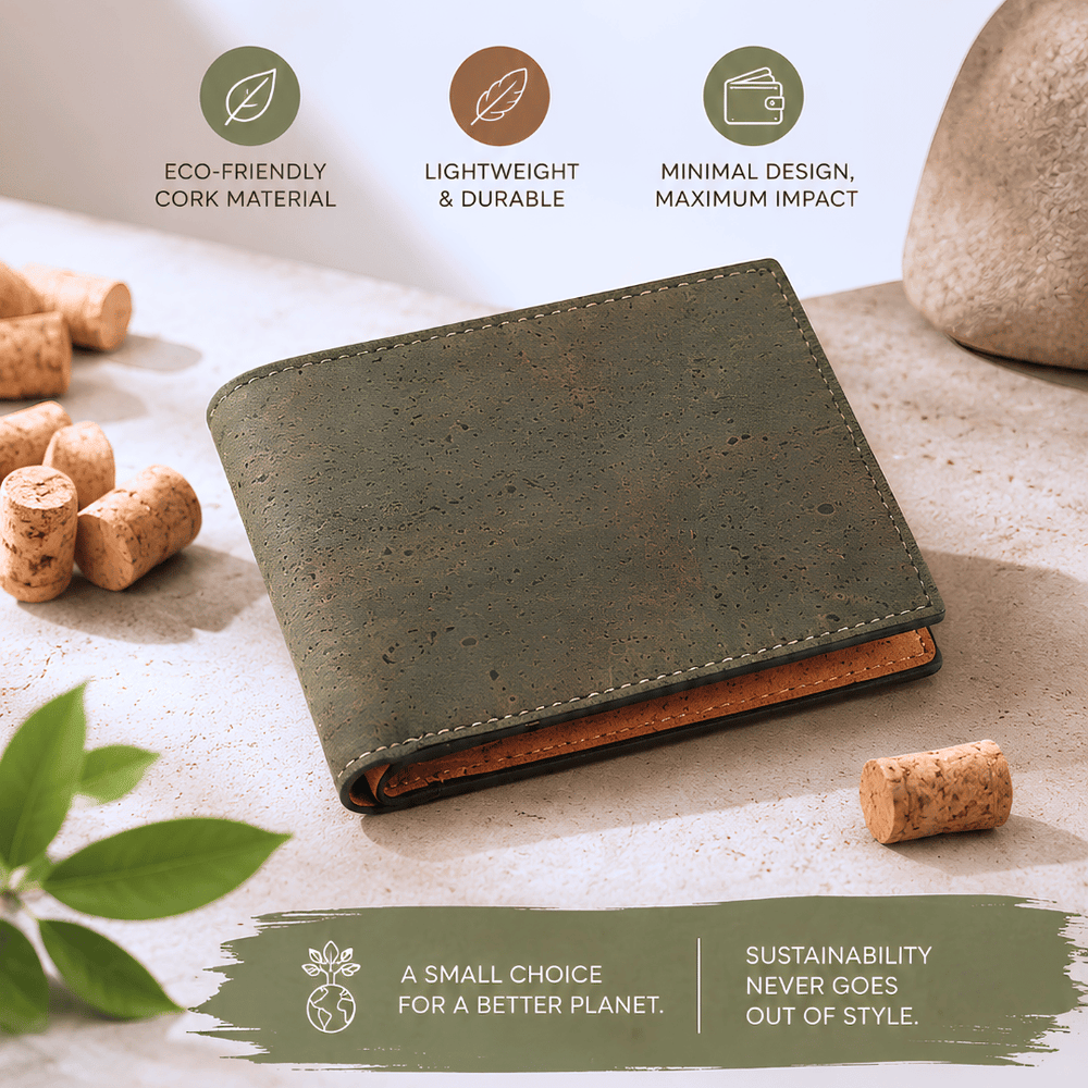 Kakapo bifold cork wallet in olive green by Clan Earth