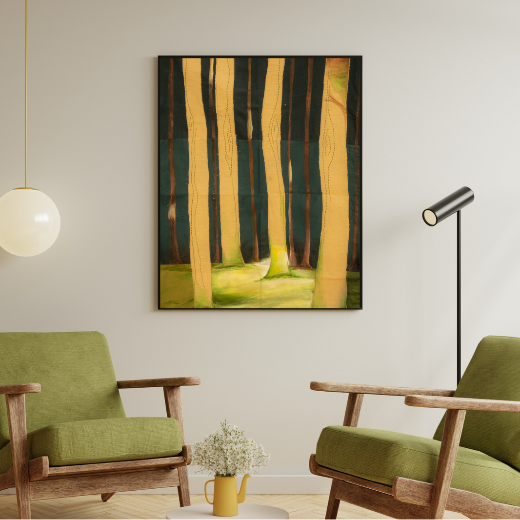 Large hand painted textile wall art inspired by a forest landscape with tall trees, handmade fabric artwork for living rooms, offices and modern interior spaces.