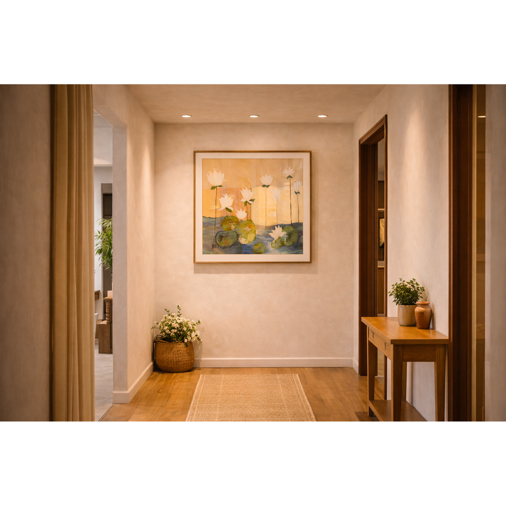 Lotus pond textile wall art by JOD, hand-painted fabric art with woven texture