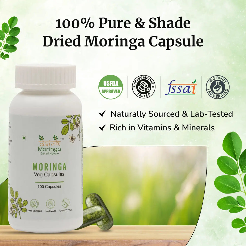 Daivik Moringa Veg Capsules | 100% Natural | Immunity Booster, Anti Aging, Anti Oxidant | 100 Caps Each - EarthBased