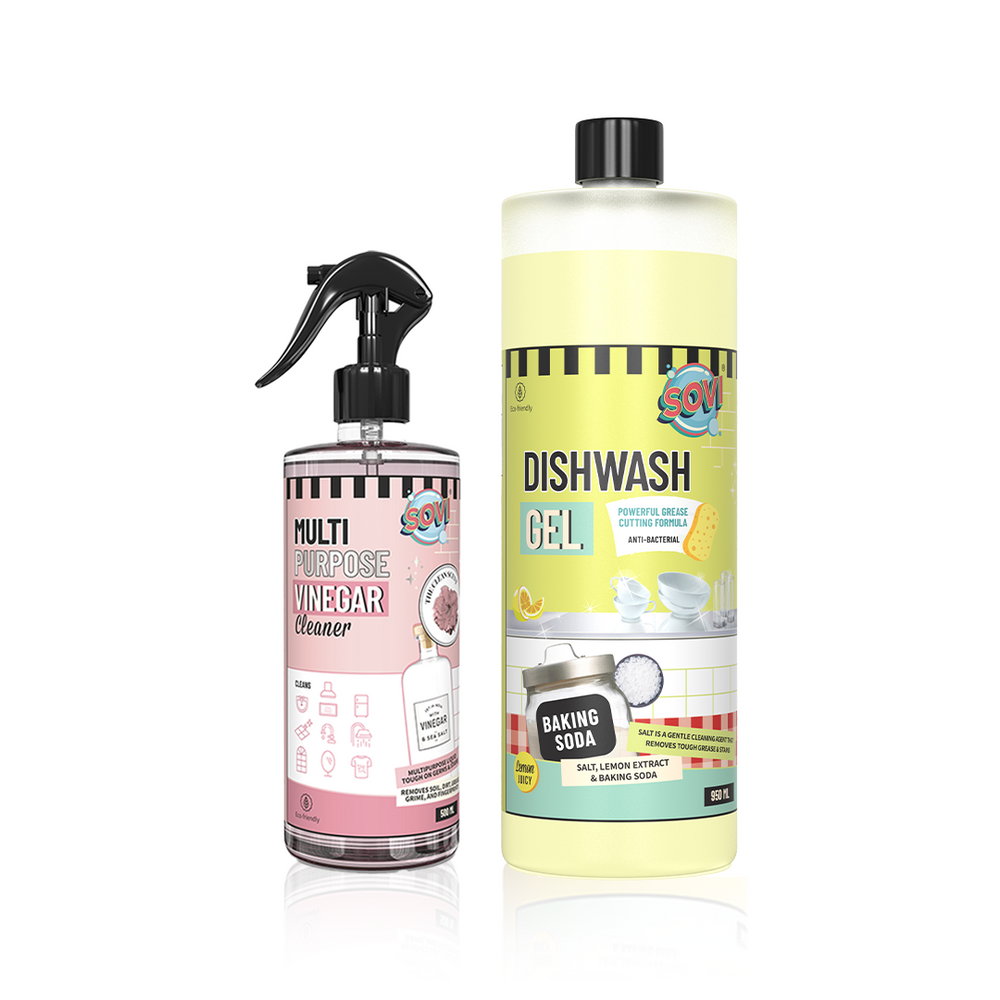 Kitchen Cleaning Combo - SOVI® MULTI PURPOSE VINEGAR CLEANER 500 ml, SOVI® DISHWASH LIQUID GEL 950 ml, Pack of 2 - EarthBased # #