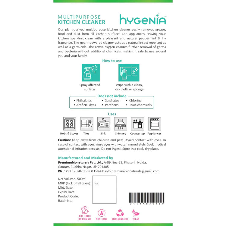 Hygenia Multipurpose Kitchen Cleaner - Peppermint & Lily 500ml - EarthBased