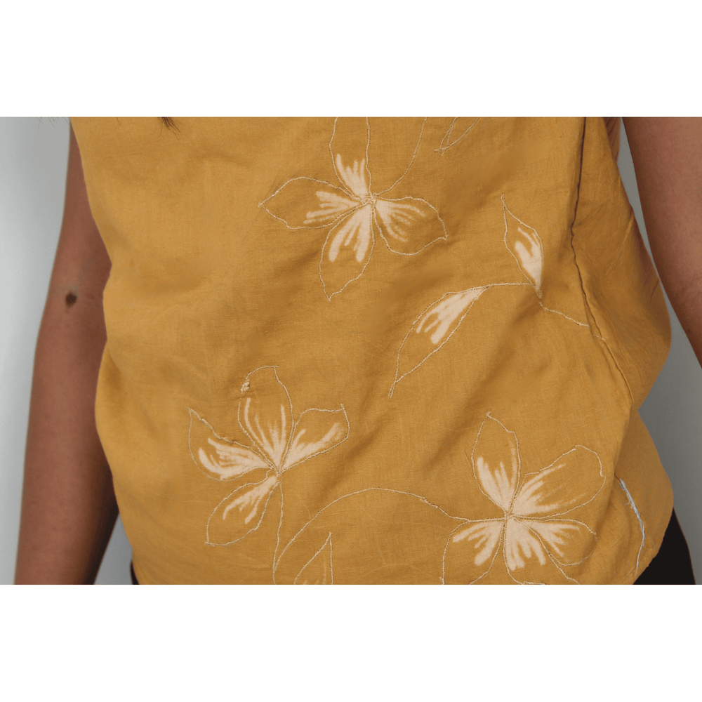 Mustard casual summer top for women by JOD with floral embroidered details