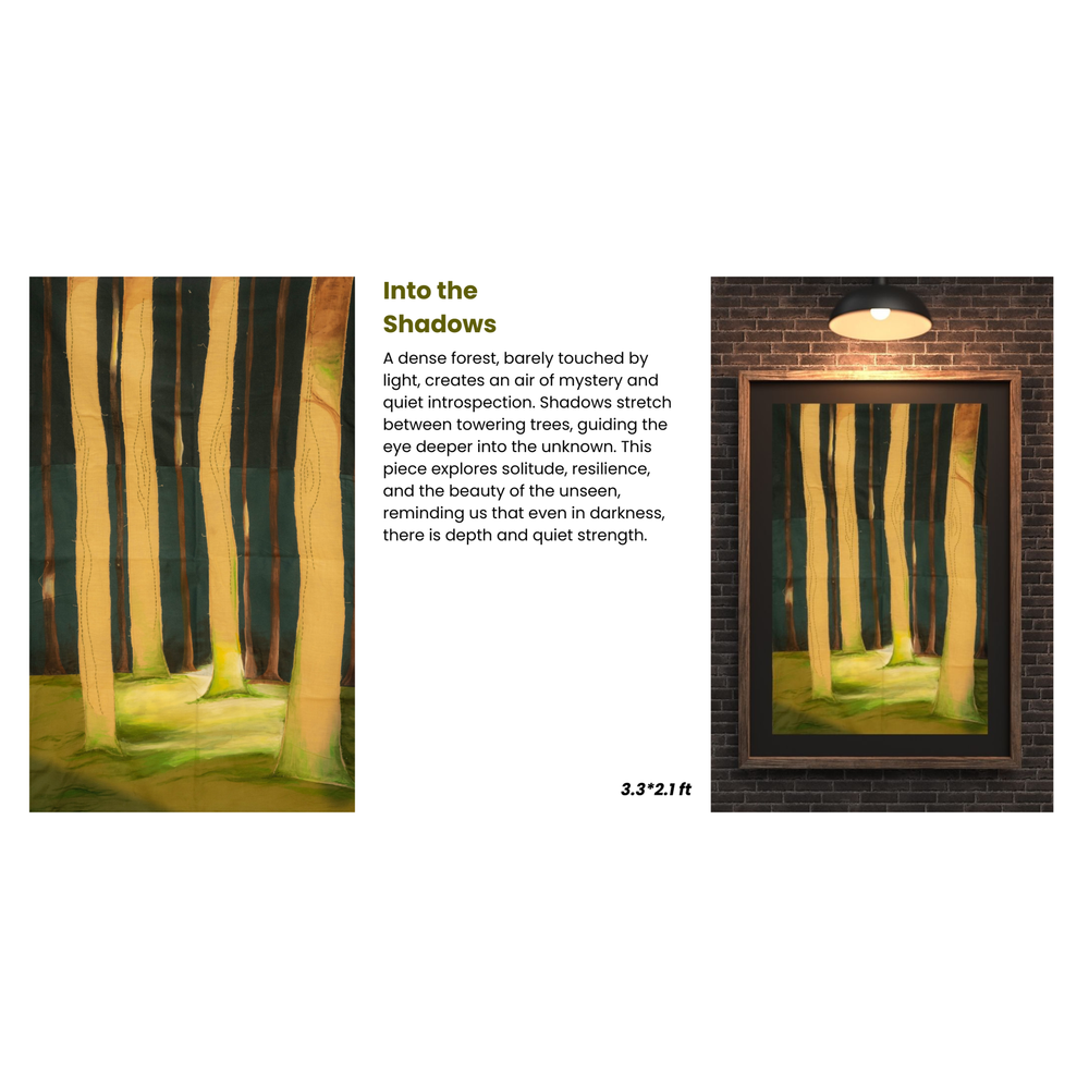 Artistic depiction of a forest with tall trees in a dark setting, framed against a brick wall.