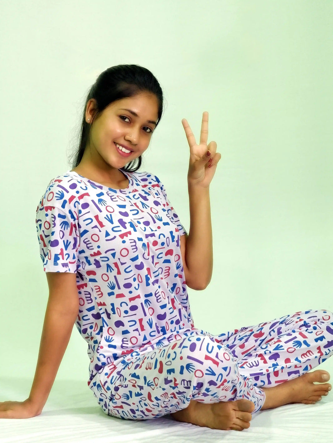 Random Objects Print T-shirt & Pant Night Dress in Pastel Lilac | Playout - EarthBased