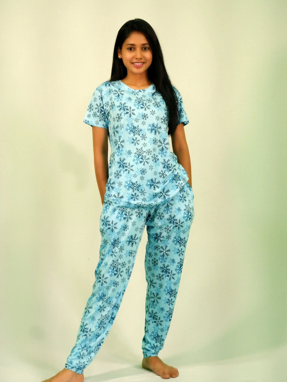 Snowflake Print T-shirt & Pant Night Dress in Air Blue | Playout - EarthBased