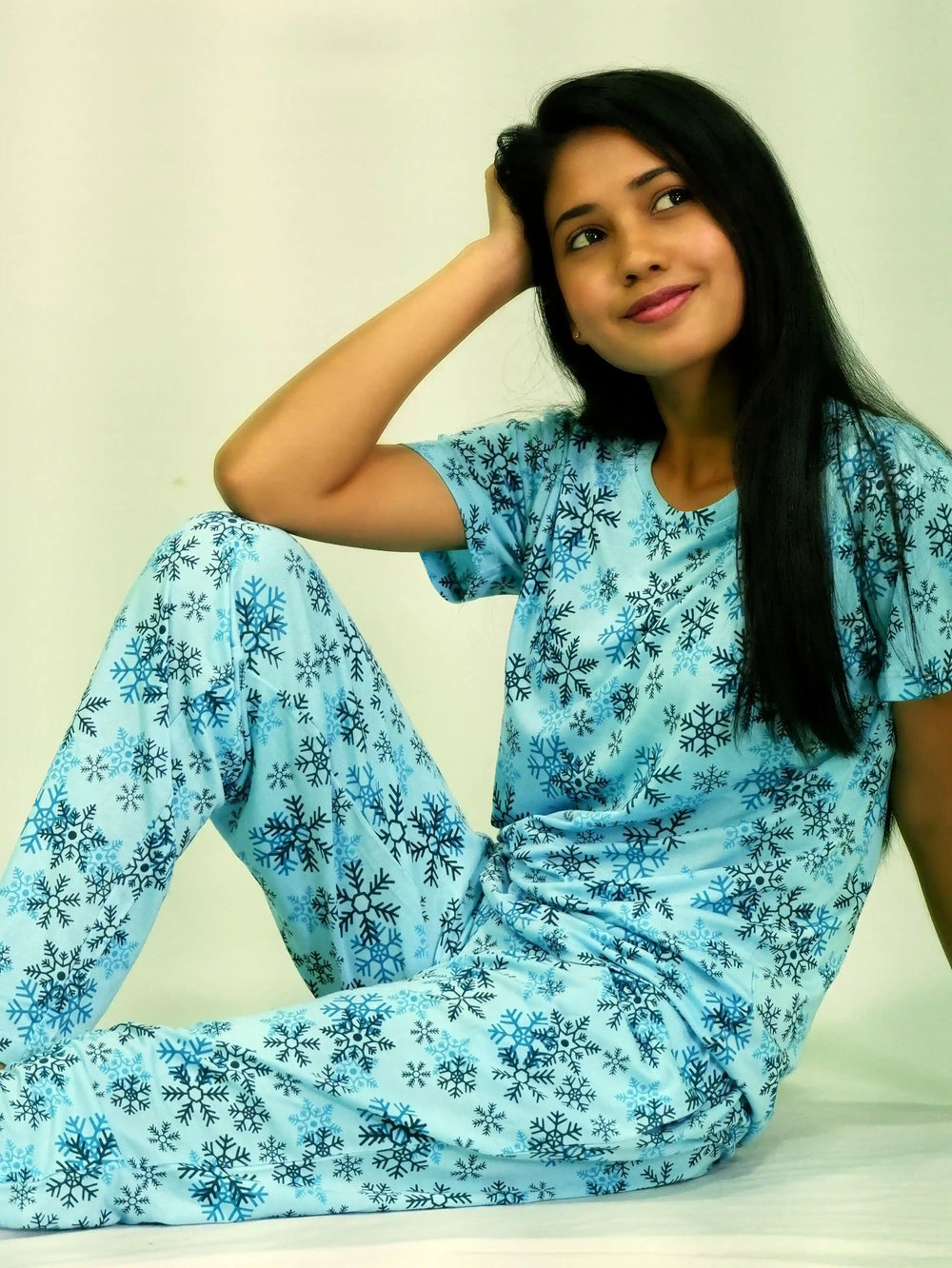 Snowflake Print T-shirt & Pant Night Dress in Air Blue | Playout - EarthBased