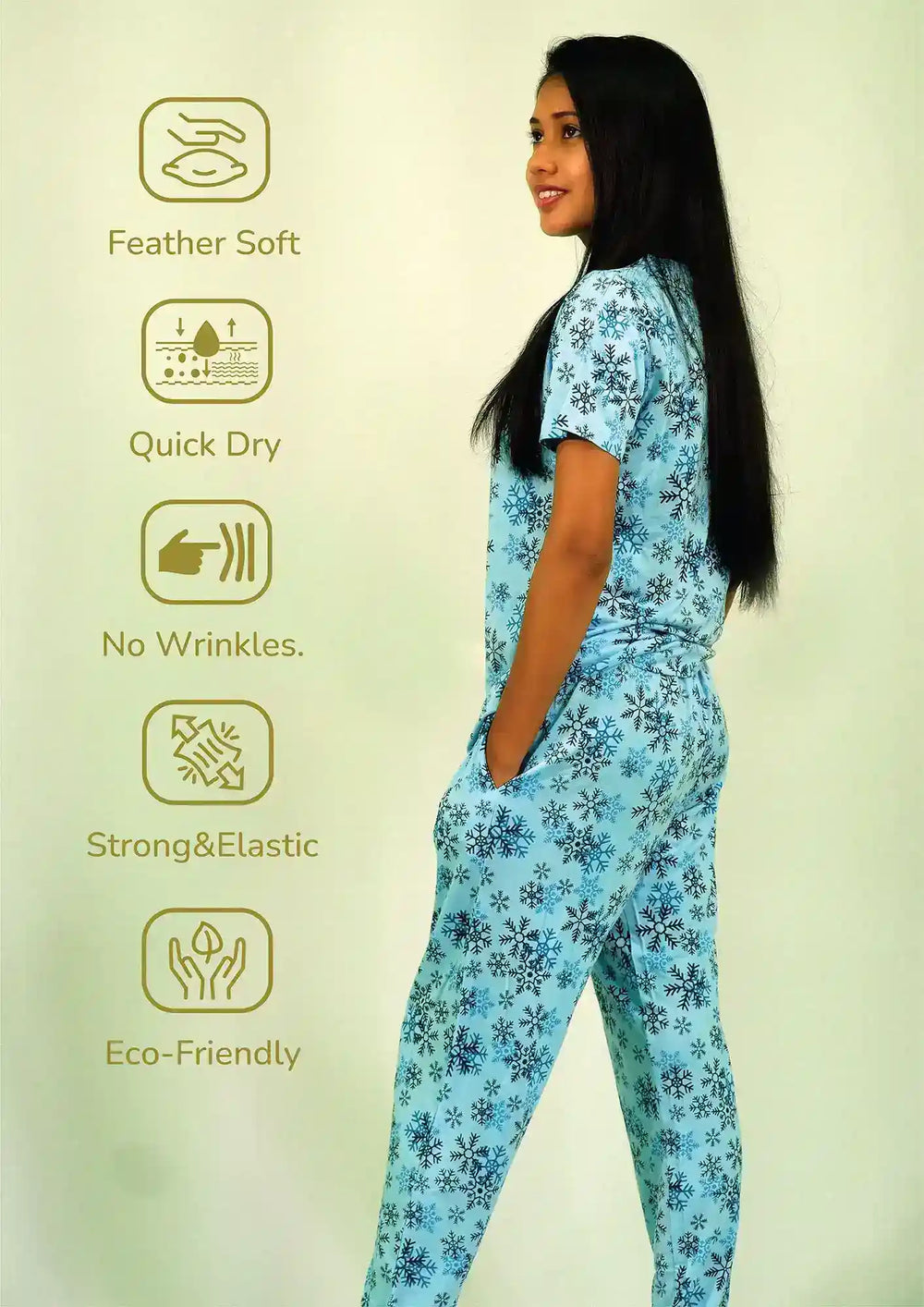 Snowflake Print T-shirt & Pant Night Dress in Air Blue | Playout - EarthBased