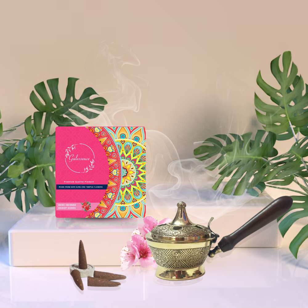 Gulessence Rose Dhoop Cones and Brass Dhooni Combo - EarthBased