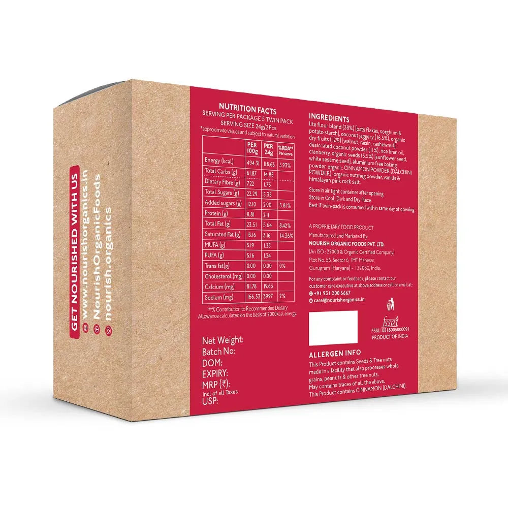 Nourish Organics Oats Cranberry Cookies (Pack of 5x2) - Wheat-Free - EarthBased