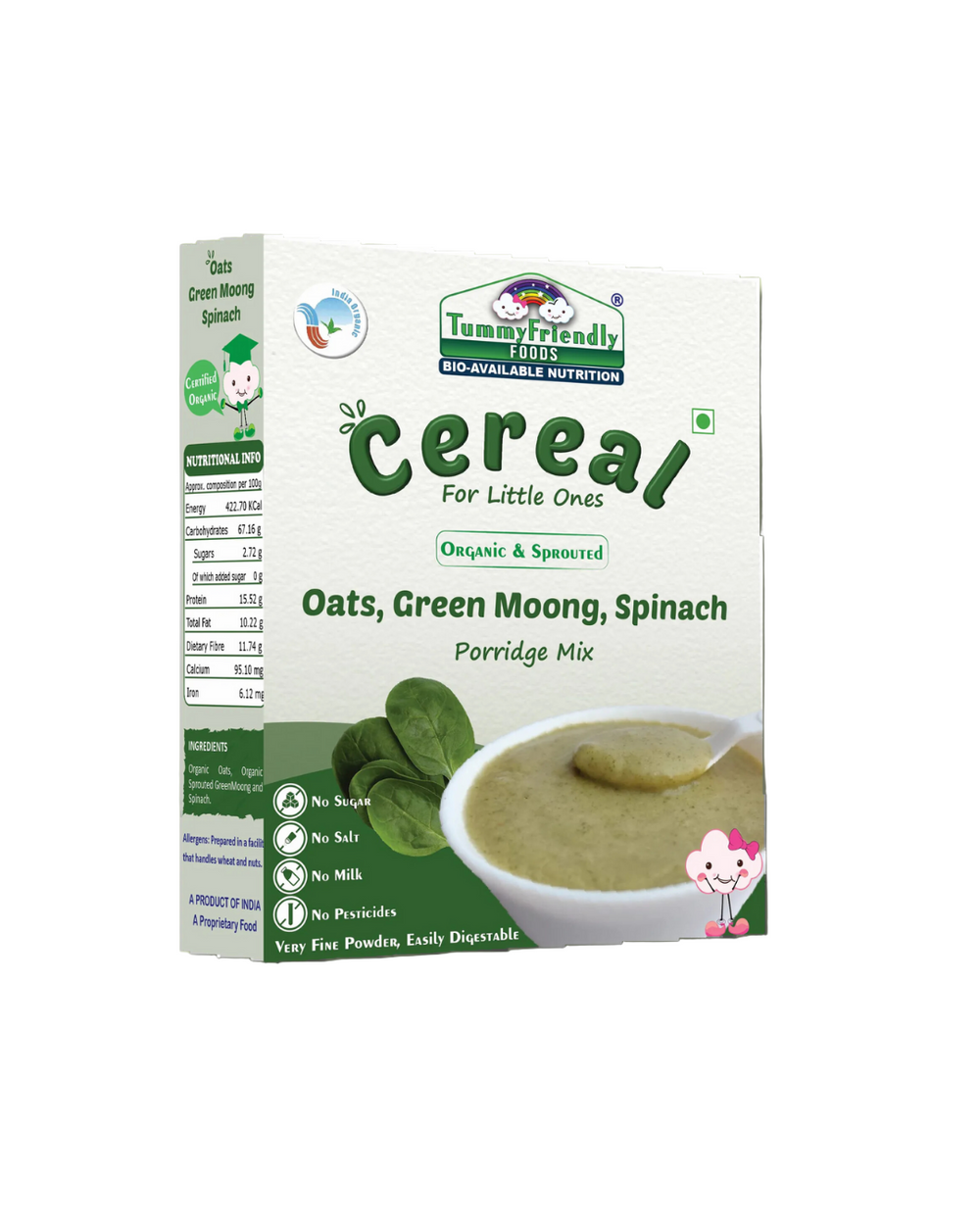TummyFriendly Foods Certified Organic Oats, Green Moong, Spinach Porridge Mix | Organic Baby Food for 8 Months Old | Made of Sprouted Whole Green Moong | Rich in Iron, Protein & Micro-Nutrients (200 g) - EarthBased