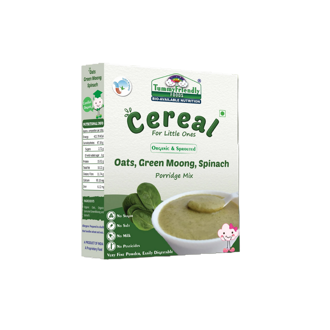 TummyFriendly Foods Certified Organic Oats, Green Moong, Spinach Porridge Mix | Organic Baby Food for 8 Months Old | Made of Sprouted Whole Green Moong | Rich in Iron, Protein & Micro-Nutrients (200 g) - EarthBased