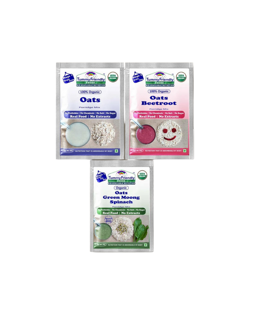 TummyFriendly Foods Certified Oats Porridge Mixes - Stage1, Stage2, Stage3 | Rich in Beta-Glucan, Protein & Fibre|3 Packs, 50g Each Cereal (150 g, Pack of 3) - EarthBased