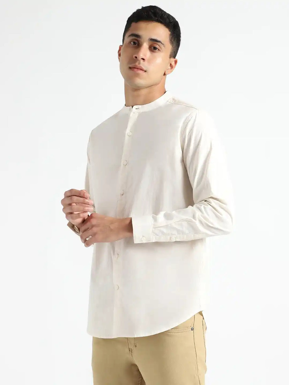 Organic Cotton & Naturally Dyed Mens Round Neck Light Cream Shirt by Livbio - EarthBased