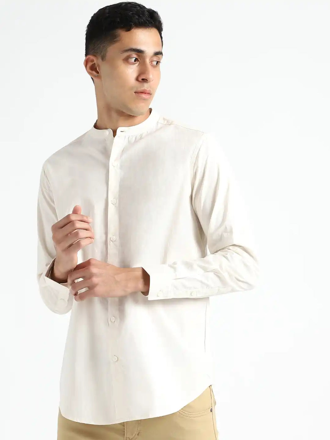 Organic Cotton & Naturally Dyed Mens Round Neck Light Cream Shirt by Livbio - EarthBased
