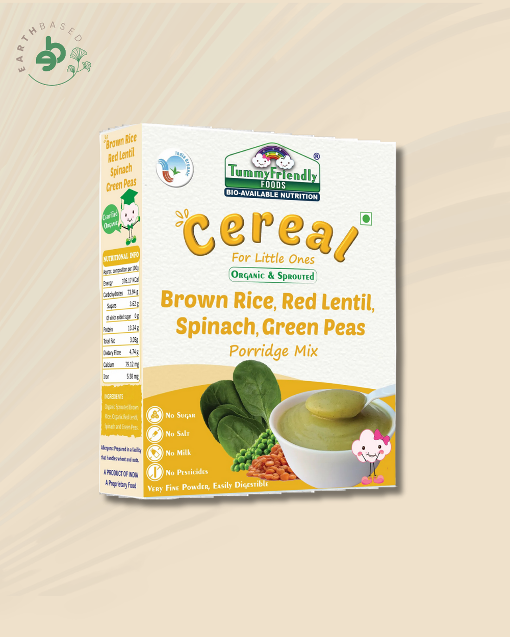 TummyFriendly Foods Certified Organic Sprouted Brown Rice, Red Lentil, Spinach, Green Peas Porridge Mix | Excellent Weight Gain Baby Food| Made of Sprouted Brown Rice | 200g Cereal (200 g) - EarthBased