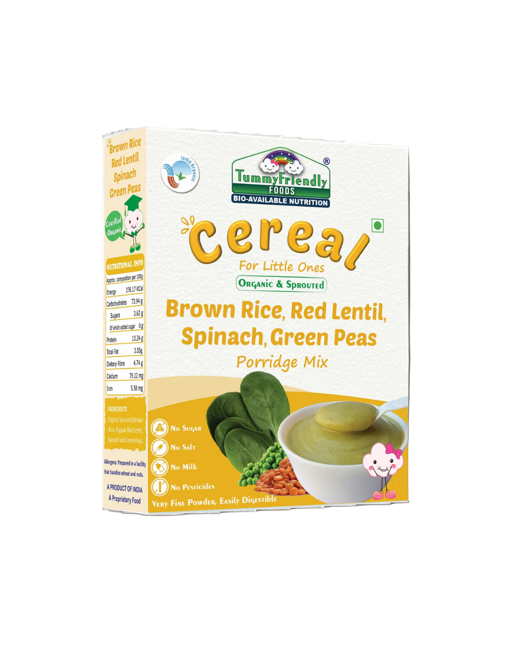 TummyFriendly Foods Certified Organic Sprouted Brown Rice, Red Lentil, Spinach, Green Peas Porridge Mix | Excellent Weight Gain Baby Food| Made of Sprouted Brown Rice | 200g Cereal (200 g) - EarthBased